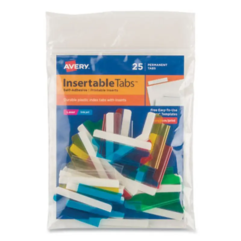 Insertable Index Tabs with Printable Inserts, 1/5-Cut, Assorted Colors, 1.5" Wide, 25/Pack - File Inserts/Tabs | Avery