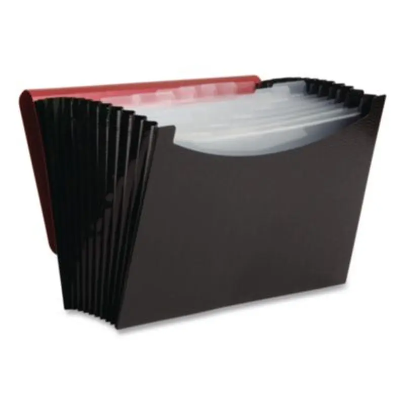 12-Pocket Poly Expanding File, 0.88" Expansion, 12 Sections, Cord/Hook Closure, 1/6-Cut Tabs, Letter Size, Black/Red - File Jackets/Sleeves/Wallets | Smead