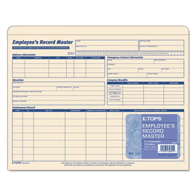 Employee Record Master File Jacket, Straight Tab, Letter Size, Manila, 15/Pack - File Jackets/Sleeves/Wallets | TOPS