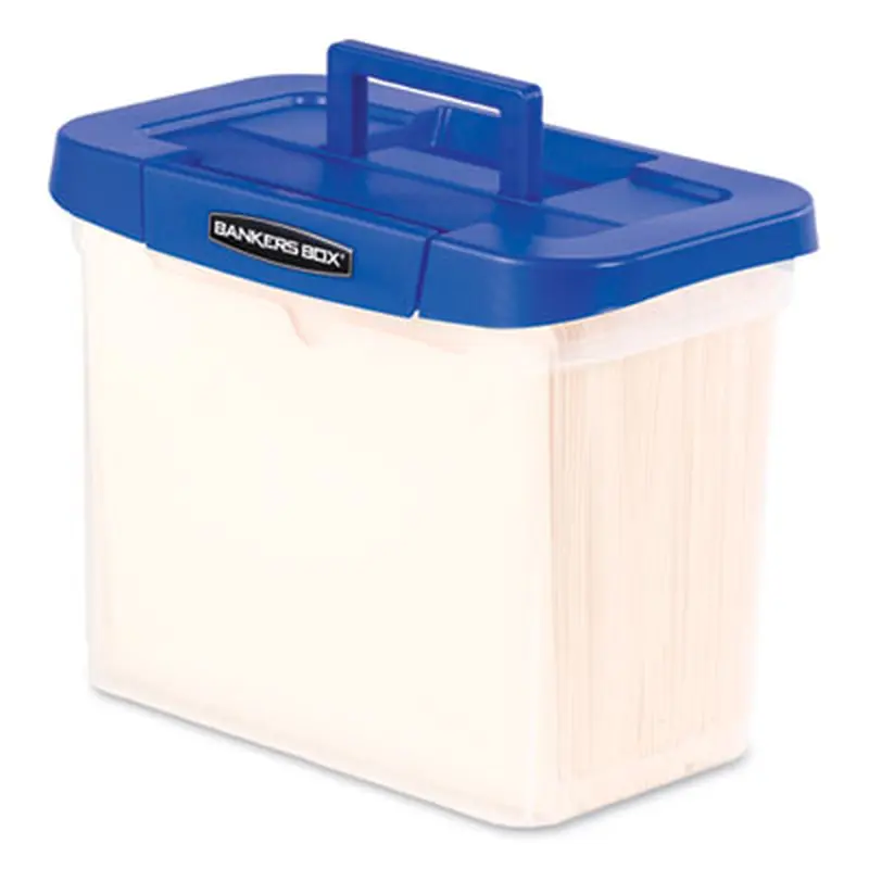 Heavy-Duty Portable File Box, Letter Files, 14.25" x 8.63" x 11.06", Clear/Blue - File Boxes | Bankers Box