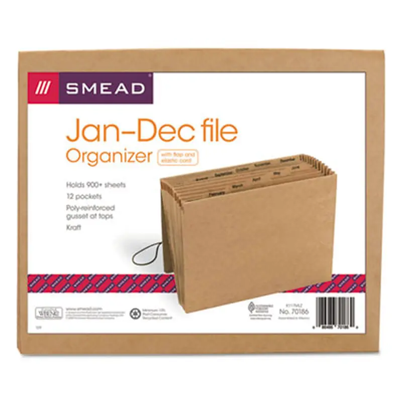 Indexed Expanding Kraft Files, 12 Sections, Elastic Cord Closure, 1/12-Cut Tabs, Letter Size, Kraft - File Jackets/Sleeves/Wallets | Smead