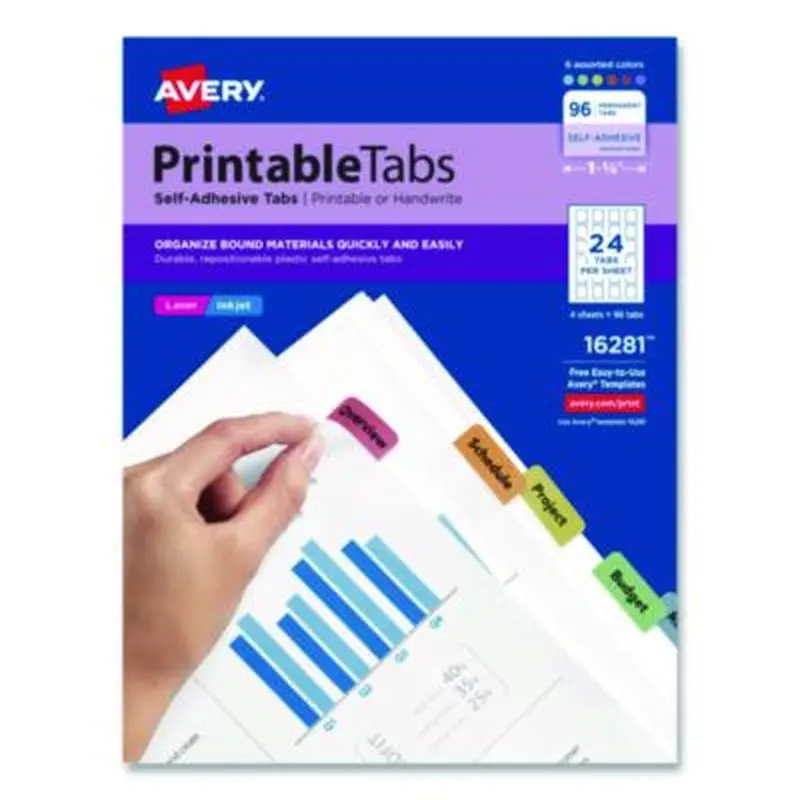Printable Plastic Tabs with Repositionable Adhesive, 1/5-Cut, Assorted Colors, 1.25" Wide, 96/Pack - File Inserts/Tabs | Avery