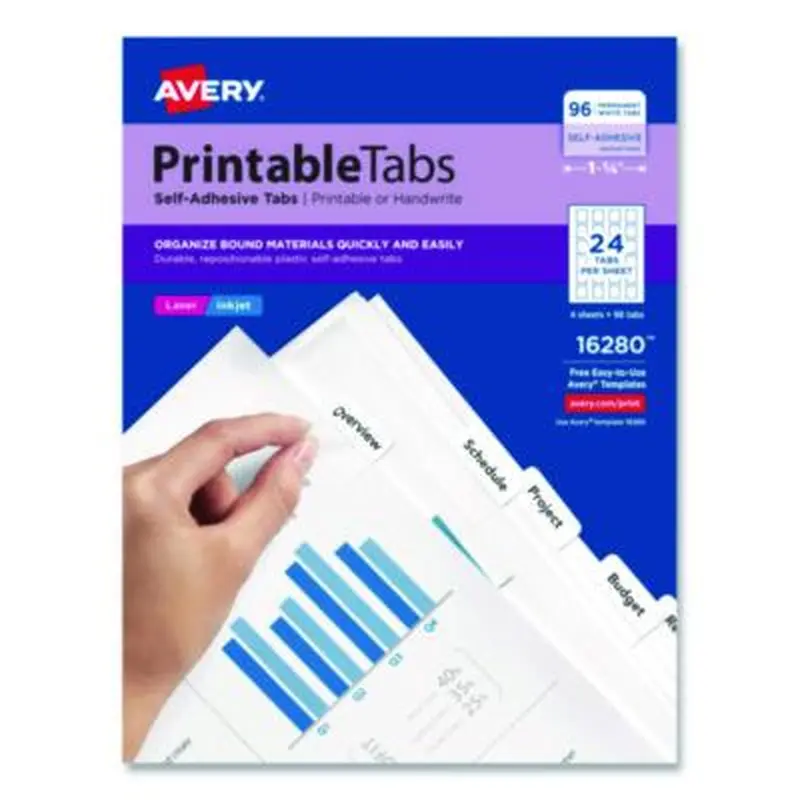 Printable Plastic Tabs with Repositionable Adhesive, 1/5-Cut, White, 1.25" Wide, 96/Pack - File Inserts/Tabs | Avery