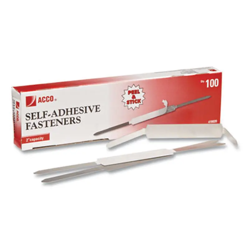 Self-Adhesive Two-Prong Paper Fastener Bases, 2" Capacity, 2.75" Center to Center, Matte Steel, 100/Box - File Fasteners | ACCO