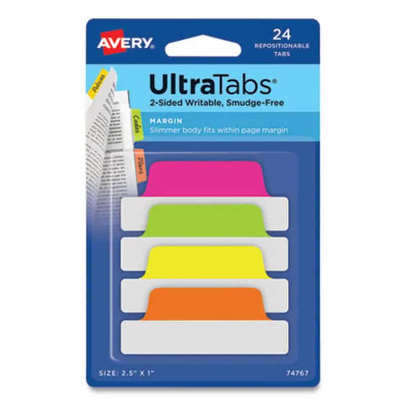 Ultra Tabs Repositionable Tabs, Margin Tabs: 2.5" x 1", 1/5-Cut, Assorted Neon Colors, 24/Pack - File Inserts/Tabs | Avery