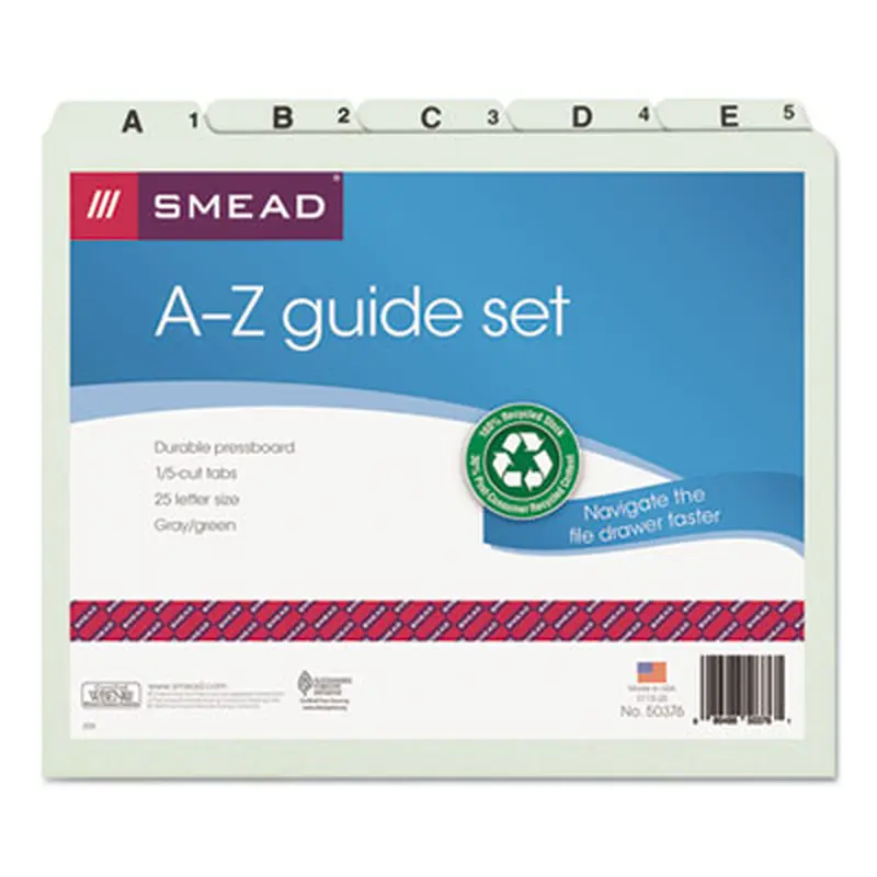 Alphabetic Top Tab Indexed File Guide Set, 1/5-Cut Top Tab, A to Z, 8.5 x 11, Green, 25/Set - File Guides | Smead