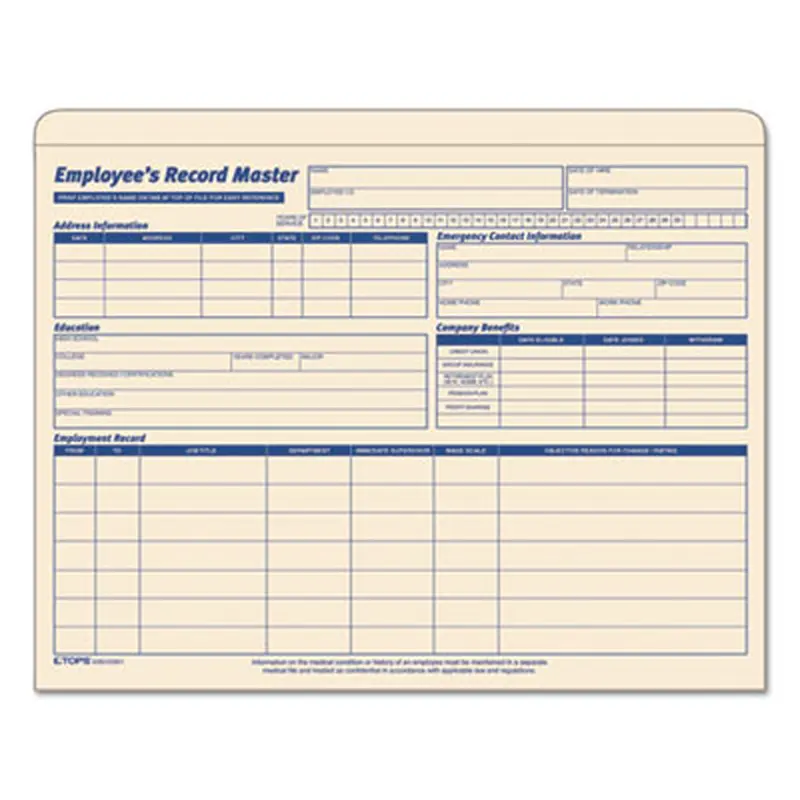 Employee Record Master File Jacket, Straight Tab, Letter Size, Manila, 20/Pack - File Jackets/Sleeves/Wallets | TOPS
