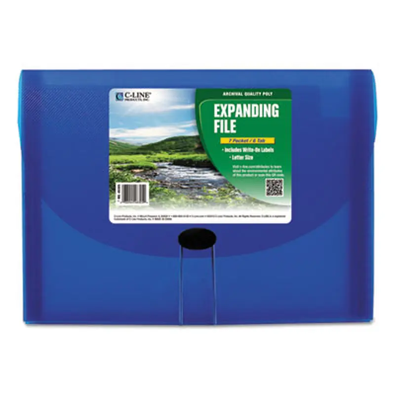 Expanding Files, 1.63" Expansion, 7 Sections, Cord/Hook Closure, 1/6-Cut Tabs, Letter Size, Blue - File Jackets/Sleeves/Wallets | C-Line
