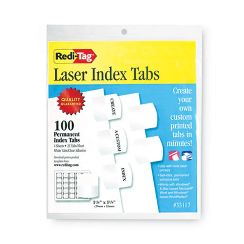 Laser Printable Index Tabs, 1/5-Cut, White, 1.13" Wide, 100/Pack - File Inserts/Tabs | Redi-Tag