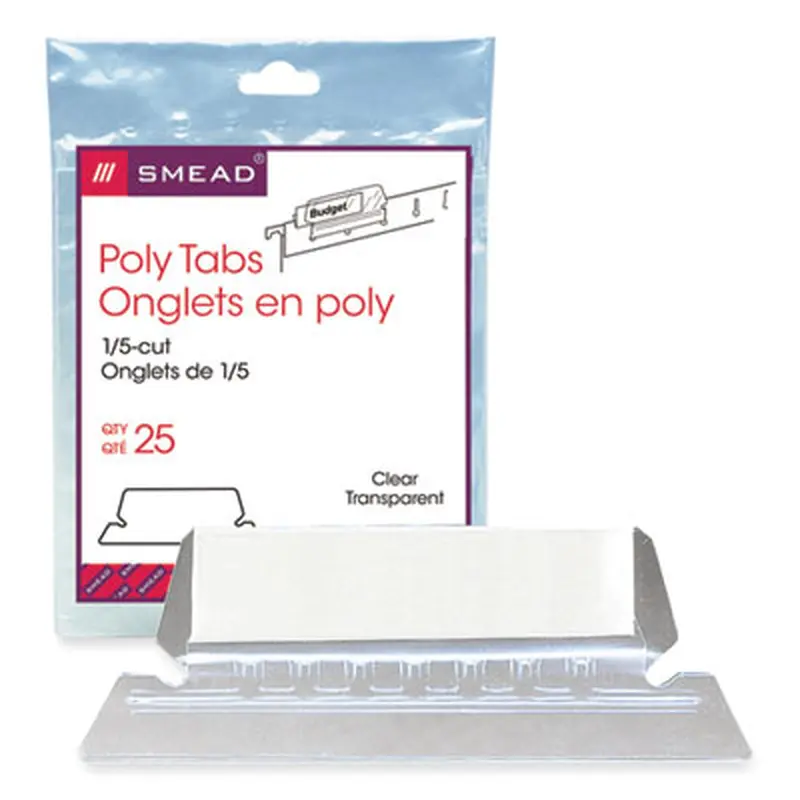 Poly Index Tabs and Inserts For Hanging File Folders, 1/5-Cut, White/Clear, 2.25" Wide, 25/Pack - File Inserts/Tabs | Smead