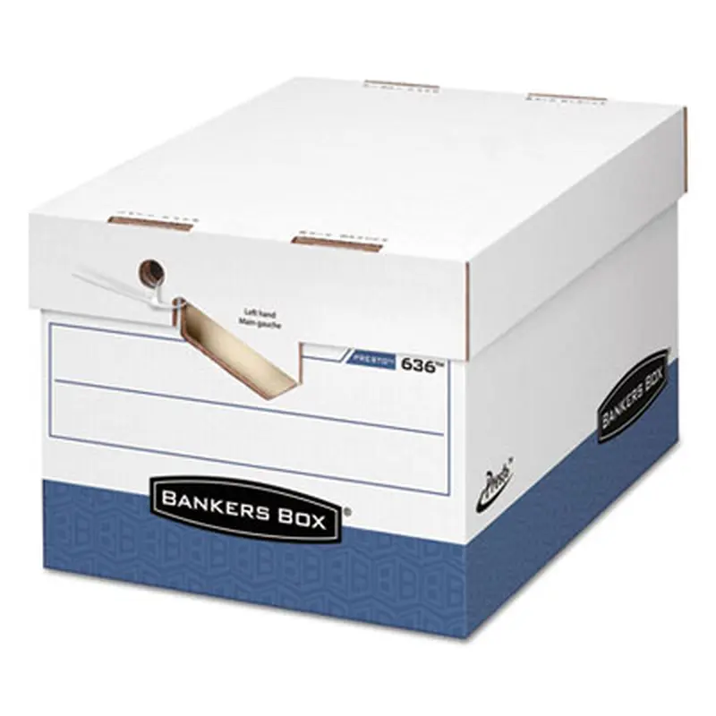 PRESTO Ergonomic Design Storage Boxes, Letter/Legal Files, 12.88" x 16.5" x 10.38", White/Blue, 12/Carton - File Boxes | Bankers Box