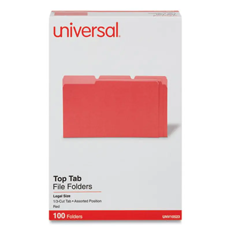 Deluxe Colored Top Tab File Folders, 1/3-Cut Tabs: Assorted, Legal Size, Red/Light Red, 100/Box - File Folders | Universal