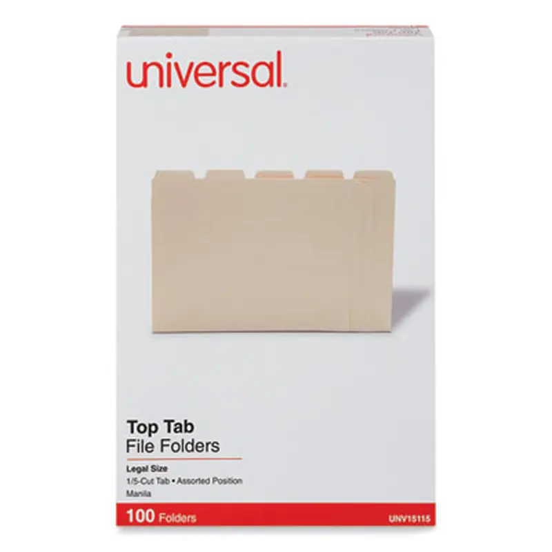 Top Tab File Folders, 1/5-Cut Tabs: Assorted, Legal Size, 0.75" Expansion, Manila, 100/Box - File Folders | Universal
