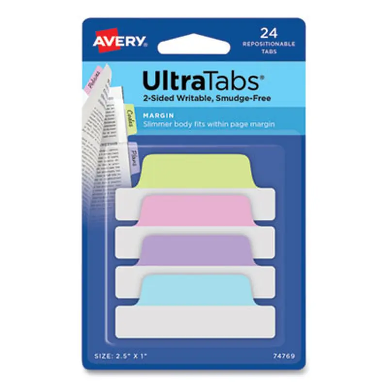 Ultra Tabs Repositionable Tabs, Margin Tabs: 2.5" x 1", 1/5-Cut, Assorted Pastel Colors, 24/Pack - File Inserts/Tabs | Avery