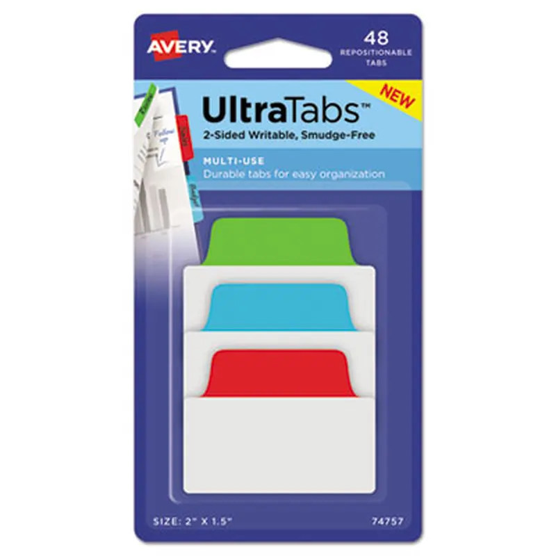 Ultra Tabs Repositionable Tabs, Standard: 2" x 1.5", 1/5-Cut, Assorted Colors (Blue, Green and Red), 48/Pack - File Inserts/Tabs | Avery