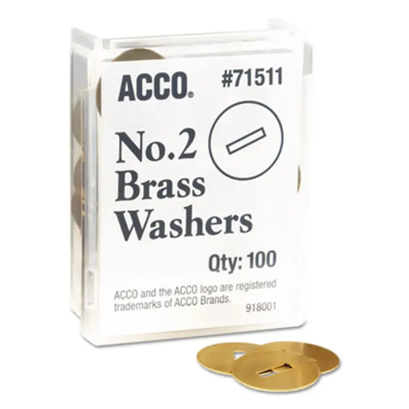 #2 Washers for Two-Prong Fasteners, 1.25" Diameter, Brass, 100/Box - File Fasteners | ACCO