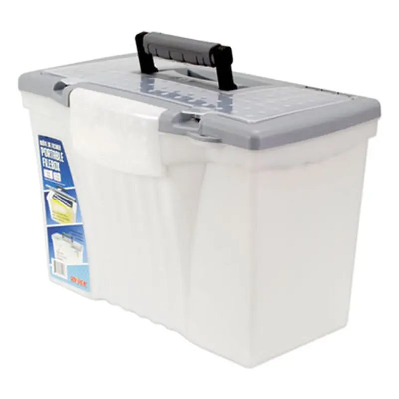 Portable Letter/Legal Filebox with Organizer Lid, Letter/Legal Files, 14.5" x 10.5" x 12", Clear/Silver - File Boxes | Storex