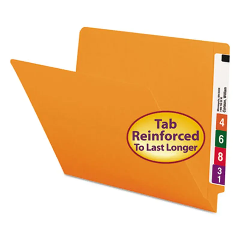 Shelf-Master Reinforced End Tab Colored Folders, Straight Tabs, Letter Size, 0.75" Expansion, Orange, 100/Box - File Folders | Smead