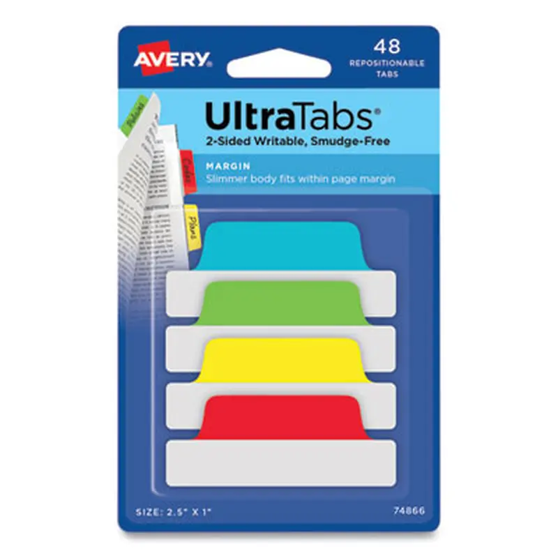 Ultra Tabs Repositionable Tabs, Margin Tabs: 2.5" x 1", 1/5-Cut, Assorted Colors, 48/Pack - File Inserts/Tabs | Avery