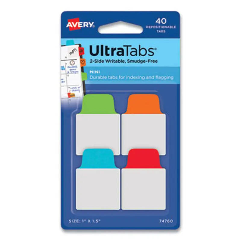 Ultra Tabs Repositionable Tabs, Mini Tabs: 1" x 1.5", 1/5-Cut, Assorted Colors, 40/Pack - File Inserts/Tabs | Avery