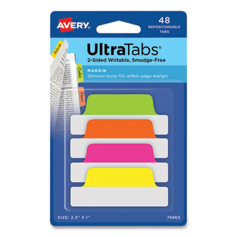 Ultra Tabs Repositionable Tabs, Margin Tabs: 2.5" x 1", 1/5-Cut, Assorted Neon Colors, 48/Pack - File Inserts/Tabs | Avery