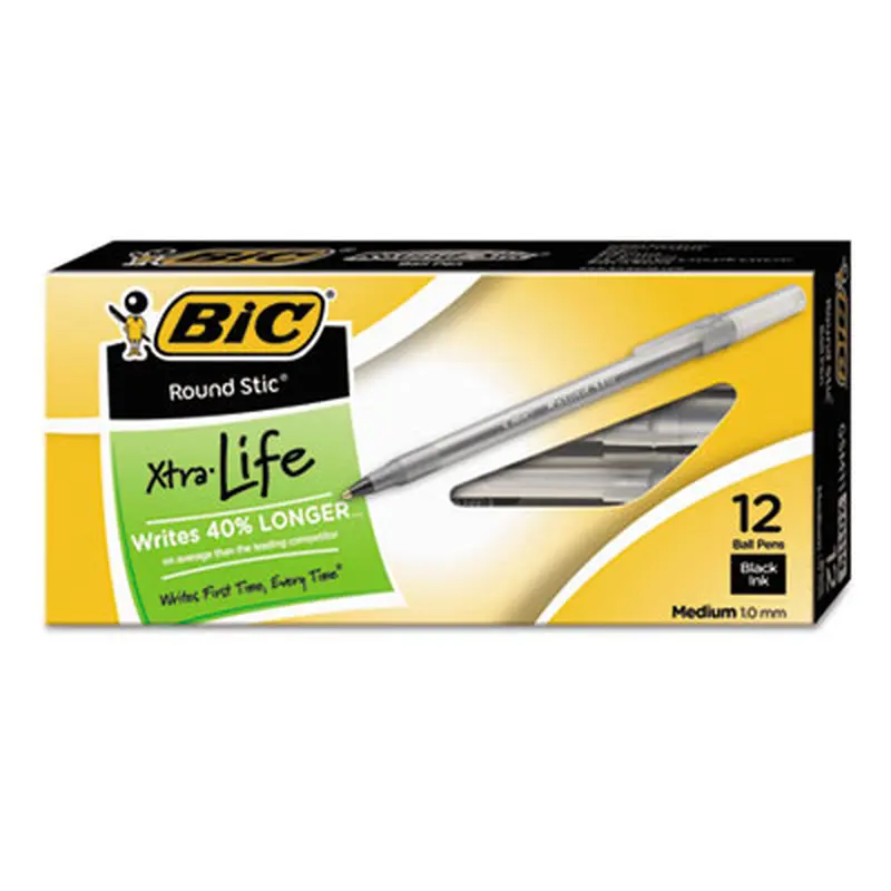 Round Stic Xtra Life Ballpoint Pen, Stick, Medium 1 mm, Black Ink, Translucent Black Barrel, Dozen - Pens | BIC
