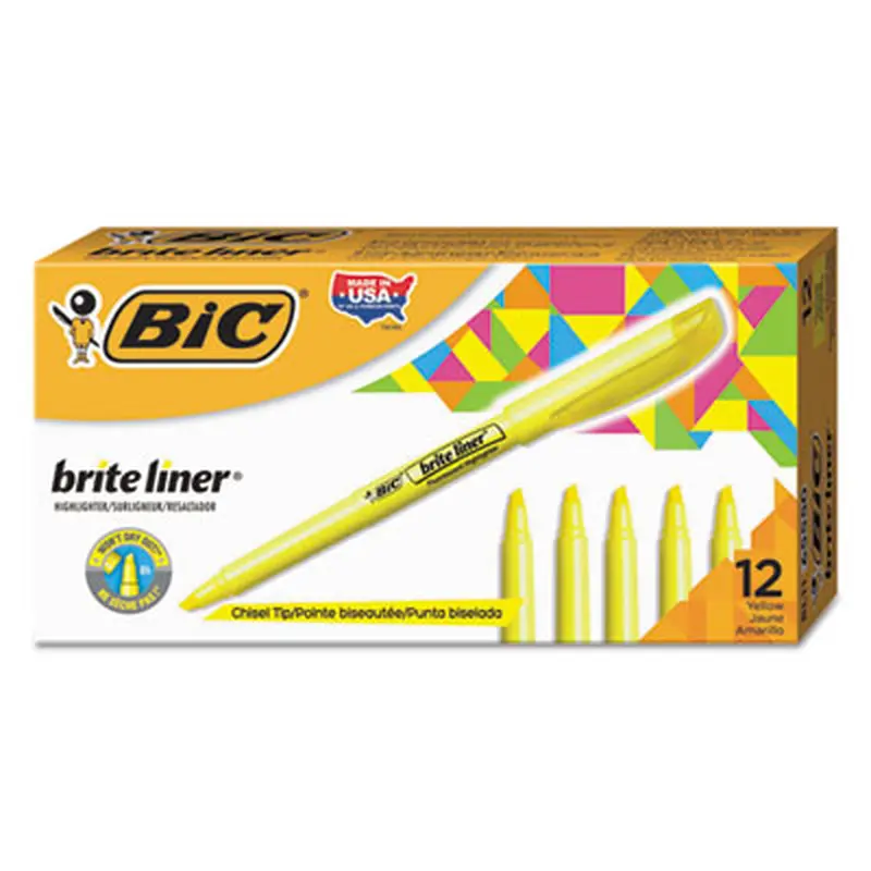 Brite Liner Highlighter, Fluorescent Yellow Ink, Chisel Tip, Yellow/Black Barrel, Dozen - Highlighters | BIC