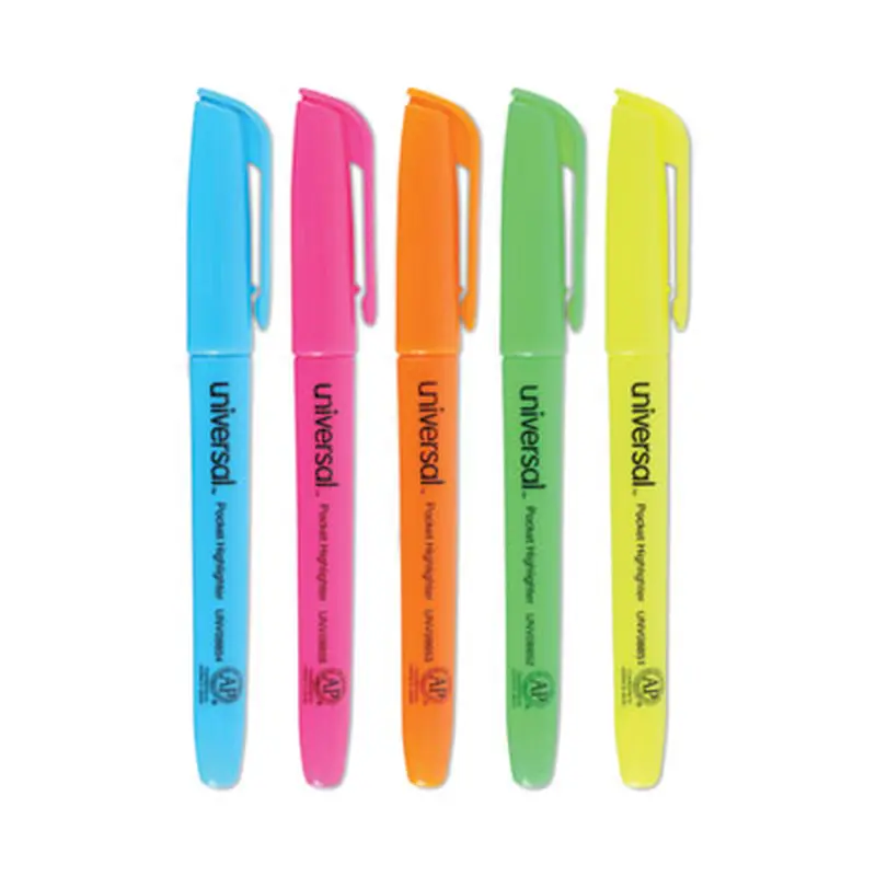 Pocket Highlighters, Assorted Ink Colors, Chisel Tip, Assorted Barrel Colors, 5/Set - Highlighters | Universal