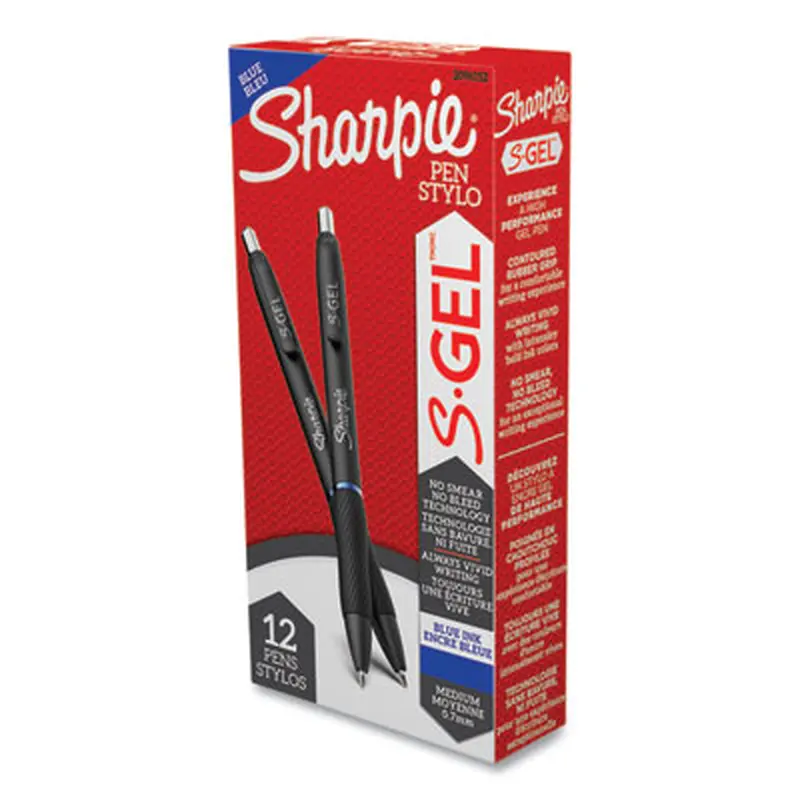 S-Gel High-Performance Gel Pen, Retractable, Medium 0.7 mm, Blue Ink, Black Barrel, Dozen - Pens | Sharpie S-Gel