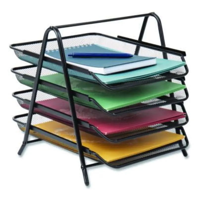 Tiered Metal Mesh Desk Tray Organizer, 4-Tier, Letter Size, 13.75 x 12 x 12.5, Black - Desktop Document Racks & Sorters | Mind Reader