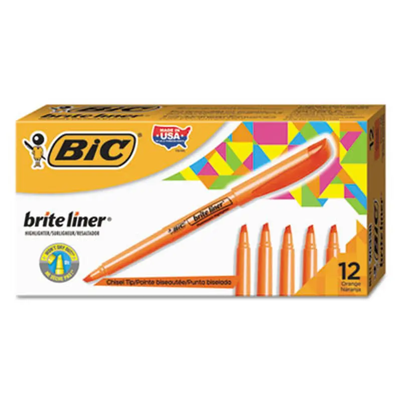 Brite Liner Highlighter, Fluorescent Orange Ink, Chisel Tip, Orange/Black Barrel, Dozen - Highlighters | BIC