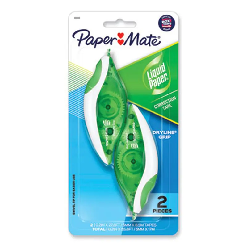 DryLine Grip Correction Tape, Non-Refillable, 0.2" x 27.92 ft, White Tape, Translucent Green/White Dispenser, 2/Pack - Correction Tapes | Paper Mate Liquid Paper