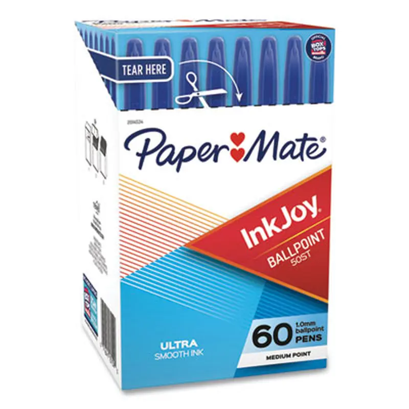 InkJoy 50ST Ballpoint Pen, Stick, Medium 1 mm, Blue Ink, Clear Barrel, 60/Pack - Pens | Paper Mate
