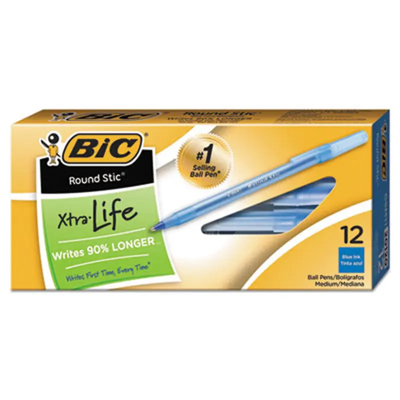 Round Stic Xtra Life Ballpoint Pen, Stick, Medium 1 mm, Blue Ink, Translucent Blue Barrel, Dozen - Pens | BIC