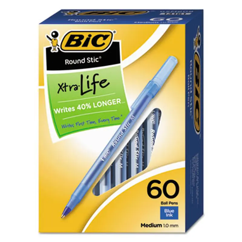 Round Stic Xtra Life Ballpoint Pen Value Pack, Stick, Medium 1 mm, Blue Ink, Translucent Blue Barrel, 60/Box - Pens | BIC