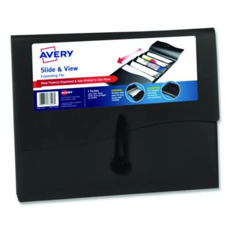 Slide and View Expanding File, 5 Sections, Cord/Hook Closure, Letter Size, Black - File Jackets/Sleeves/Wallets | Avery