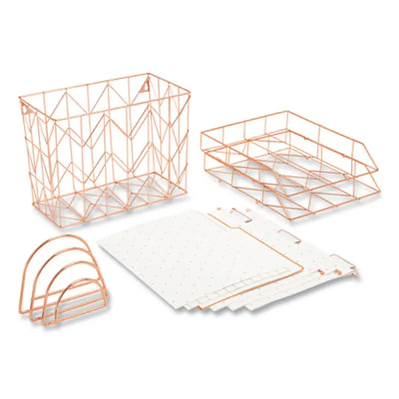 Letter-Size Desktop Fashion Filing Set, Rose Gold, (1) Rack, (3) Hanging Folders, (3) File Folders, (2) Trays,(1) Mail Sorter - Hanging File Folder Racks | U Brands