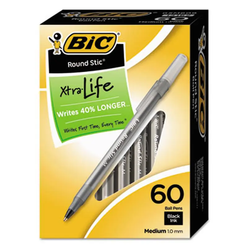 Round Stic Xtra Life Ballpoint Pen Value Pack, Stick, Medium 1 mm, Black Ink, Translucent Frost Barrel, 60/Box - Pens | BIC