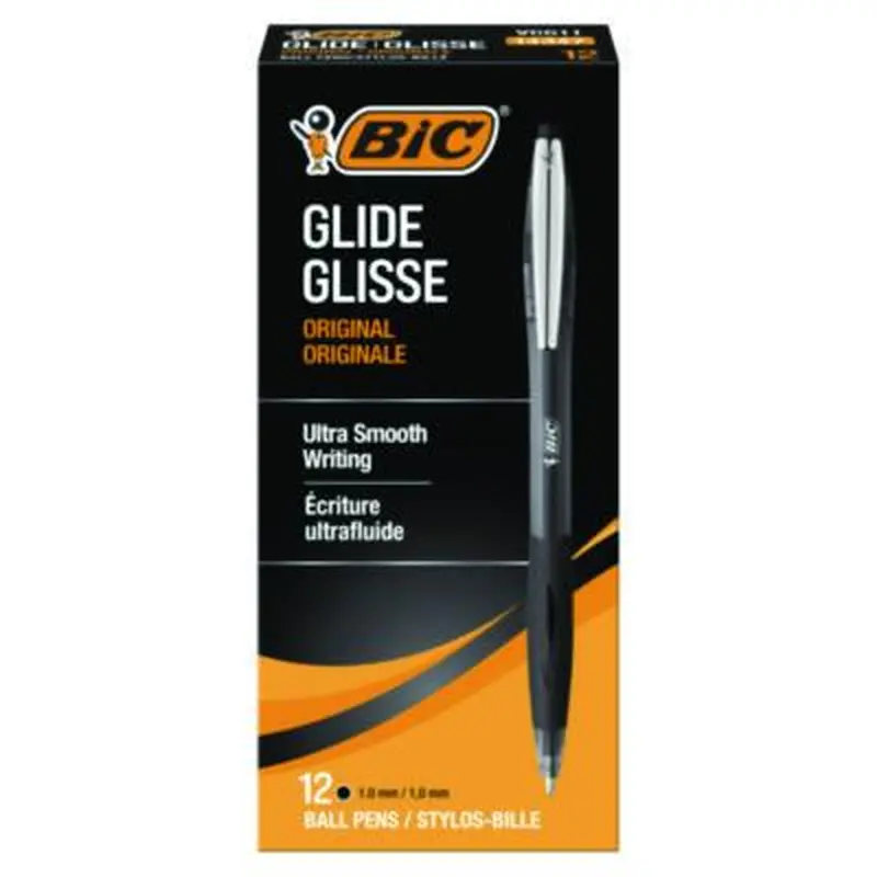GLIDE Ballpoint Pen, Retractable, Medium 1 mm, Black Ink, Smoke/Black Barrel, Dozen - Pens | BIC