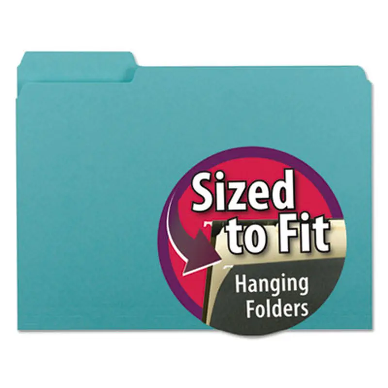 Interior File Folders, 1/3-Cut Tabs: Assorted, Letter Size, 0.75" Expansion, Aqua, 100/Box - File Folders | Smead