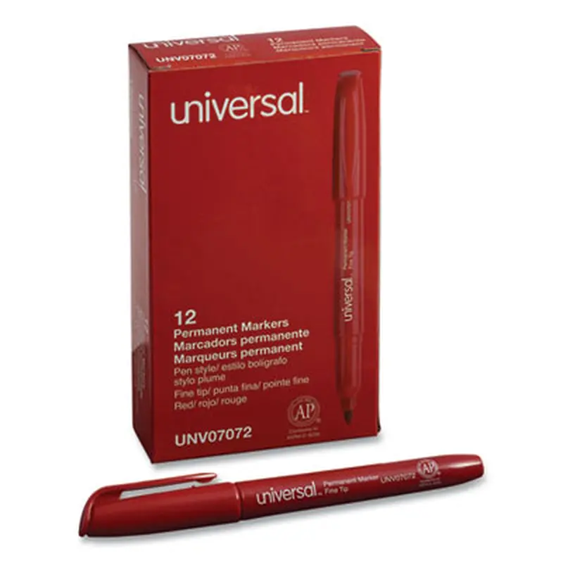 Pen-Style Permanent Marker, Fine Bullet Tip, Red, Dozen - Markers | Universal