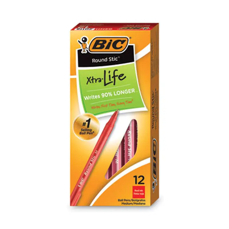 Round Stic Xtra Life Ballpoint Pen, Stick, Medium 1 mm, Red Ink, Translucent Red Barrel, Dozen - Pens | BIC