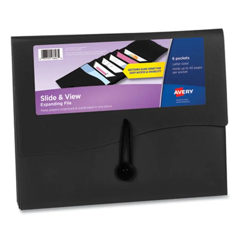 Slide and View Expanding File, 6 Sections, Hook/Loop Closure, Letter Size, Black - File Jackets/Sleeves/Wallets | Avery