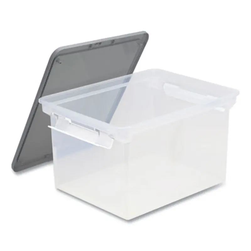 Tote with Locking Handles, Legal/Letter, 13.9" x 18.3" x 10.6", Clear/Silver, 4/Carton - File Boxes | Storex