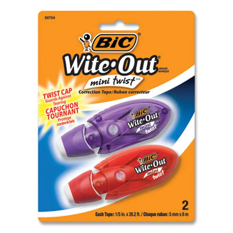 Wite-Out Brand Mini Twist Correction Tape, Non-Refillable, 0.2" x 26.17 ft, White Tape, Assorted Dispenser Colors, 2/Pack - Correction Tapes | BIC