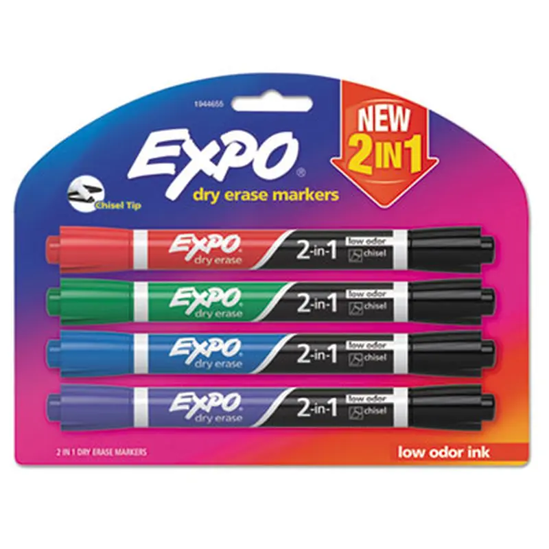 2-in-1 Dry Erase Markers, Fine/Broad Chisel Tips, Assorted Primary Colors, 4/Pack - Board Markers | EXPO