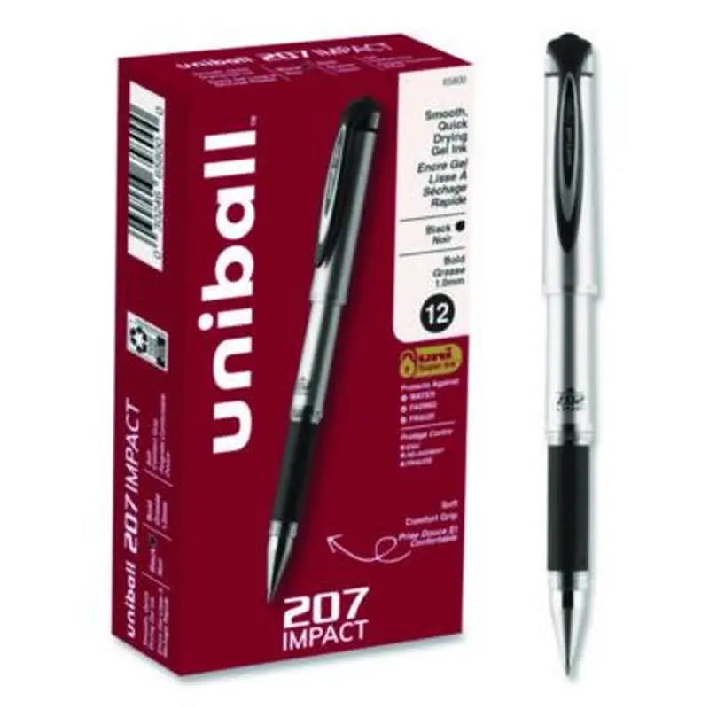 207 Impact Gel Pen, Stick, Bold 1 mm, Black Ink, Silver/Black Barrel - Pens | uniball