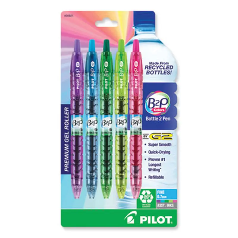 B2P Bottle-2-Pen Recycled Gel Pen, Retractable, Fine 0.7 mm, Assorted Ink and Barrel Colors, 5/Pack - Pens | Pilot