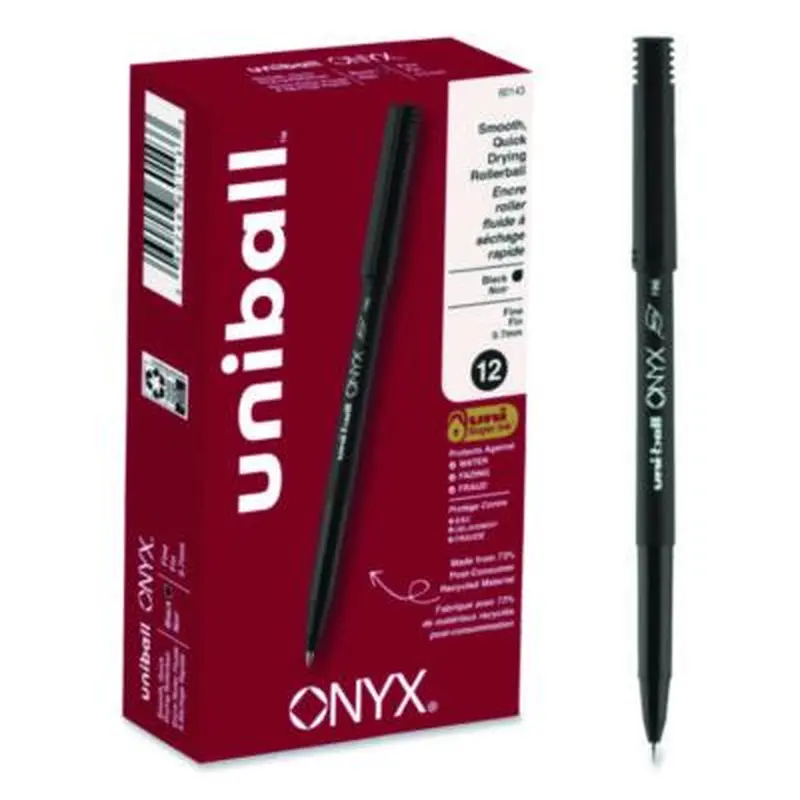 ONYX Rollerball Pen, Stick, Fine 0.7 mm, Black Ink, Black Barrel, Dozen - Pens | uniball