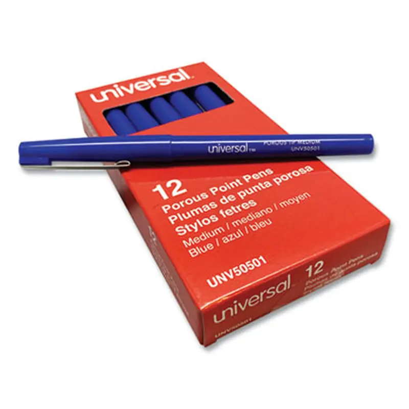 Porous Point Pen, Stick, Medium 0.7 mm, Blue Ink, Blue Barrel, Dozen - Pens | Universal